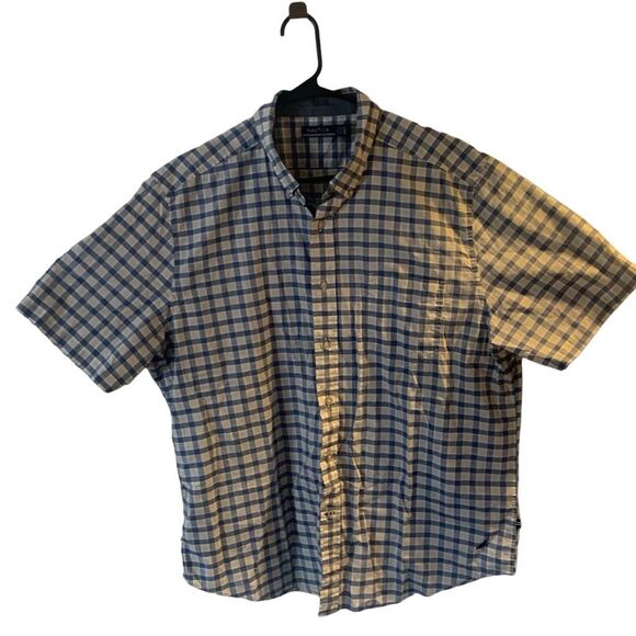Pre Owned Men’s Nautica Short Sleeve Button Up Shirt Blue White Sz XL Casual - Picture 1 of 12